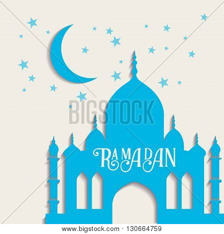 Ramadan vector greeting card with silhouette of mosque. Vector multicolor seamless background. Ramadan Kareem. Creative design concept for muslim holiday