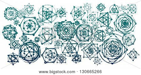 Sacred geometry mandalas background. Sacred symbols. Mandalas set. Green and blue color.