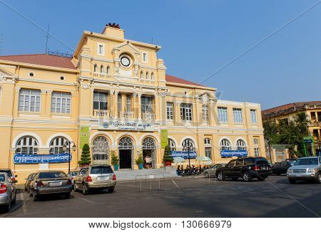 Phnom Penh Cambodia - March 17 2015 : The French-era Cambodia Post Office in Phnom Penh
