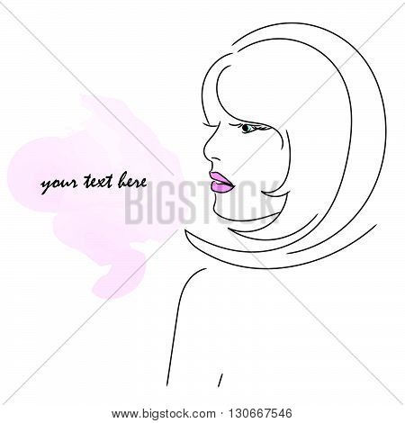 Girl in profile with pink lips.Outline, the outline.Vector illustration