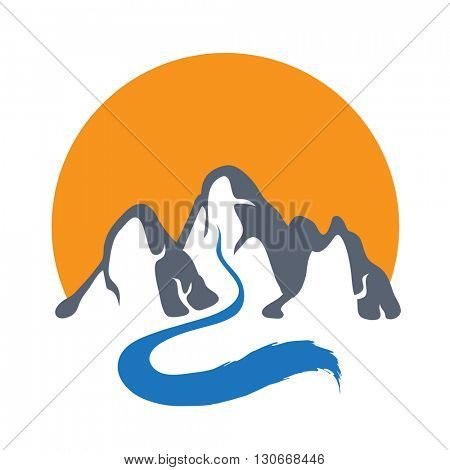 Mountain river and sun, vector logo illustration.