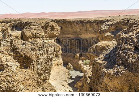 View of Sesriem Canyon near Sossusvlei in the Namib-Naukluft National Park of Namibia