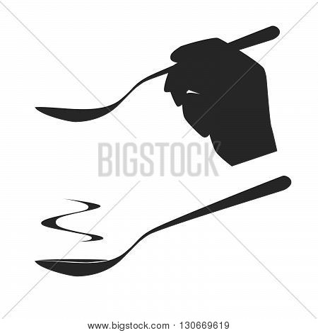 Vector. A hand holding a spoon. A spoon of hot soup or sauce. Isolated