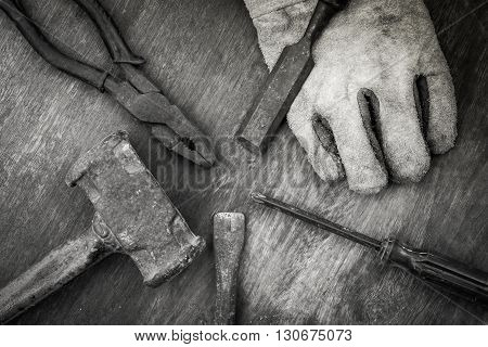 Still life with dirty tools on hard work