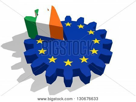 European union flag on gear and Ireland as part of cog wheel. 3D rendering