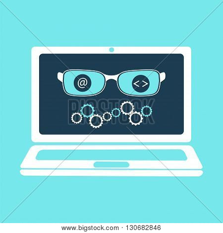 Artificial intelligence concept. Vector illustration for computer mind robot software machine translation with glasses and gears on laptop screen