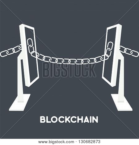 Blockchain technology concept.Computers connected by chain from screen. Vector illustration of distributed database for web security cryptography virtual money secure e-business.