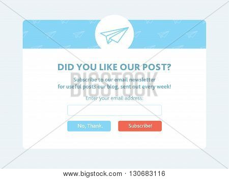 Vector template for email subscribe. With paper airplanes.