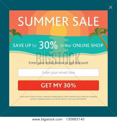 Vector template for email subscribe on shopping theme. With colorful sunset, beach and palm threes. Summer.