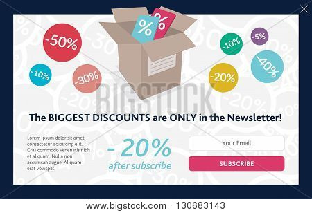 Vector template for subscribe popup. On shopping theme.