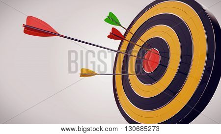 3D Rendering. Hitting the target with a darts arrow against a white background