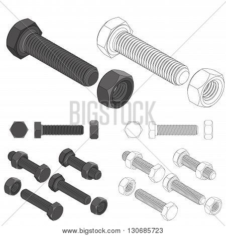 Screw bolt nut bg set drawing vector