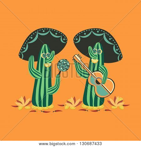 Mexican style. Fancy Cactus Mariachi. Fiesta background concept. Mexican food. Stylized cactus lime guitar and maracas. Mariachi Sombrero. Cinco de Mayo. Party banner background. Vector Illustration