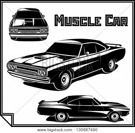 Muscle car monochrome set vector poster illustration