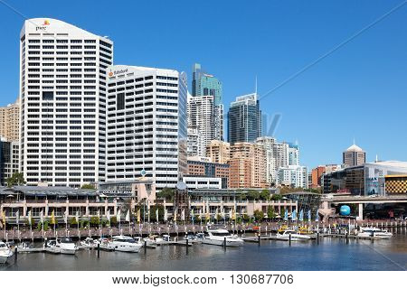 SYDNEY - MARCH 31: Darling Harbour adjacent to the city centre of Sydney is an area of entertainment facilities and a pedestrian walkway. March 31 2016 in Sydney Australia.