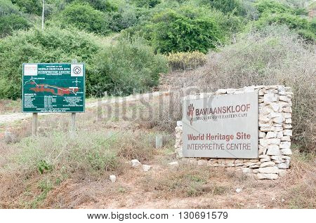 BAVIAANSKLOOF SOUTH AFRICA - MARCH 6 2016: Information board and name board for the Baviaanskloof World Heritage Site Interpretive Centre
