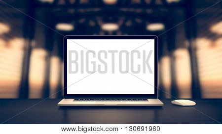 Laptop on the factory hall warehouse with blank screen on table , high detailed,realistic. 3D rendering.