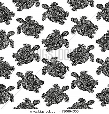 Sea Turtle Illustration In Paisley Mehndi Style Pattern.