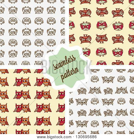 Cute seamless pattern set with little cartoon owls. Stylish graphic design.