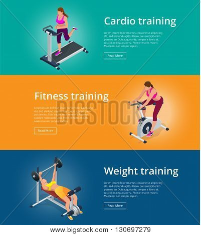 Banner set Fitness woman working out on exercise bike, Young woman with barbell flexing muscles, Pretty girl working out in a treadmill at the gym. Flat 3d isometric vector illustration
