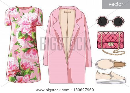 Lady fashion set of spring, winter season outfit. Illustration stylish and trendy clothing. Dress, bag, accessories, sunglasses, slipons. Flower peony watercolor romantic pattern. Vector