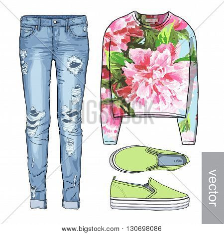 Lady fashion set of spring, winter season outfit. Illustration stylish and trendy clothing.  Denim, slip-on, jeans. Flower peony watercolor romantic pattern. Vector
