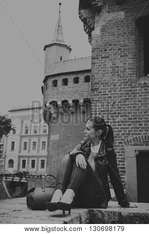 Beautiful girl traveling in the ancient town