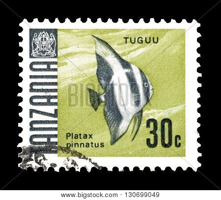 TANZANIA - CIRCA 1967 : Cancelled postage stamp printed by Tanzania, that shows Platax pinnatus.