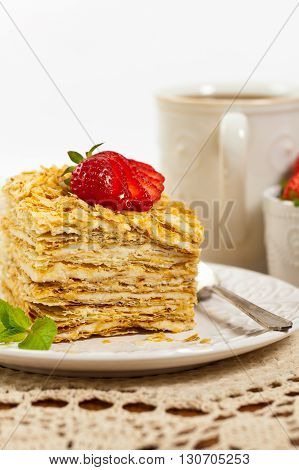 Puff Pastry Layers Napoleon Cake. Selective focus.