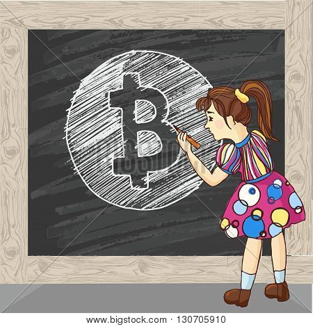 hand drawn Bitcoin symbol on blackboard with girl