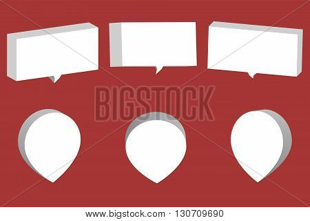 Set of white 3D chat boxes and pointers isolated on red background. 3D chat box and pointer from various angles.