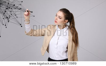 Worldwide network or wireless internet connection futuristic concept. Woman working with linked dots.