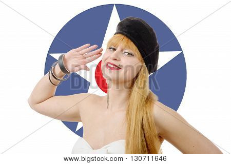 a pretty girl pin-up with american star on background
