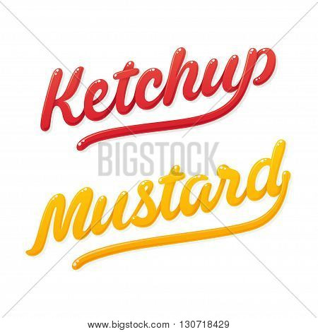Ketchup and mustard lettering. Modern shiny handwritten typography. Isolated vector illustration.