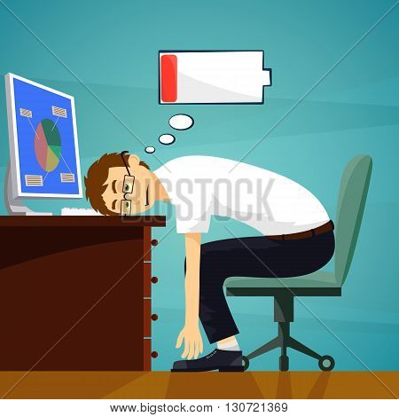 Tired worker in the workplace. Low battery charge. Stock vector illustration.