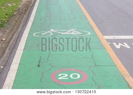 Bike lane signs painted onto a green bike lane ( Bike lane road for bicycles )