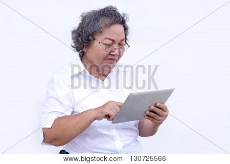 Old Asian Grandmother Watch And Touch Tablet