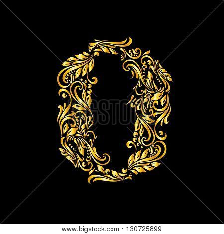 Richly decorated zero digit on black background.