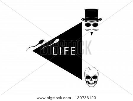 life. Black arrow and word life, spermatozoidy, person and skull