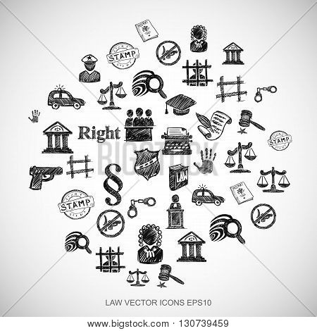 Black doodles flat Hand Drawn Law Icons set In A Circle on White background. EPS10 vector illustration.