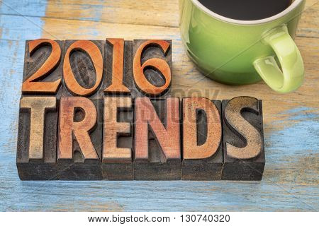 2016 trends banner - text in vintage letterpress wood type printing blocks with a cup od coffee