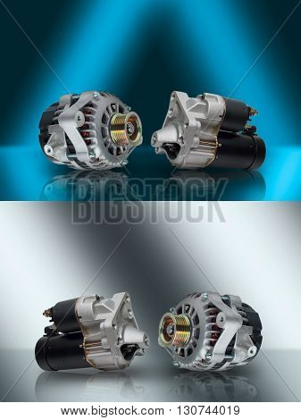 Alternator. Starter. Generator and starter. Car aggregates. Alternator and starter for car. Electrical units for car. Auto parts. Composition of the two electrical parts for the engine.