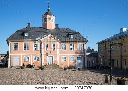 PORVOO, FINLAND - JUNE 13, 2015: Old Town Hall Porvoo july evening. Historical landmark of the city Porvoo,  Finland