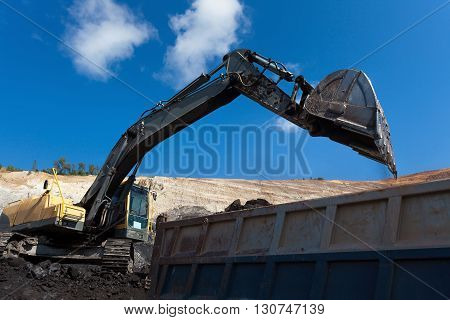 Yellow Backhoe Work In Coalmine
