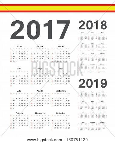 Set Of Spanish 2017, 2018, 2019 Year Vector Calendars