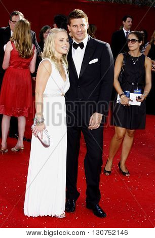 David Boreanaz and Jaime Bergman at the 60th Primetime Emmy Awards held at the Nokia Theater in Los Angeles, USA on September 21, 2008.
