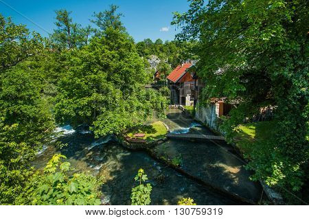Beautiful village of Rastoke near Slunj in Croatia, river Slunjcica, old water mills on waterfalls