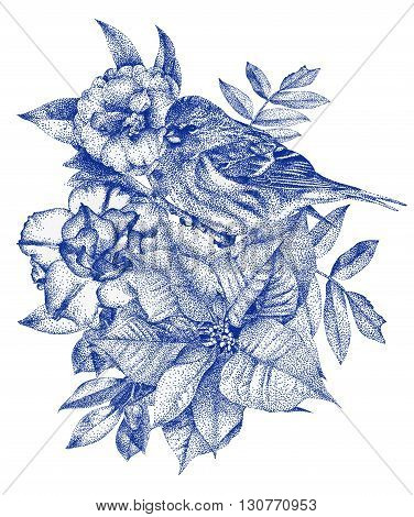 Composition of different flowers birds and plants drawn by hand with black ink. Graphic drawing pointillism technique. Floral bouquet ikebana