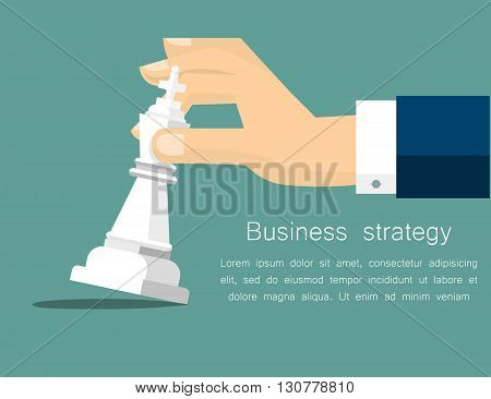 Vector business strategy concept in flat style - male hand holding chess figure - planning and management. Vector