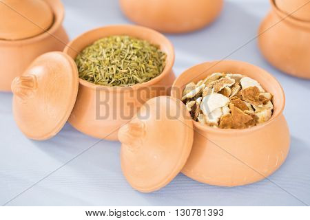 Clay Pot And Herb On White Table